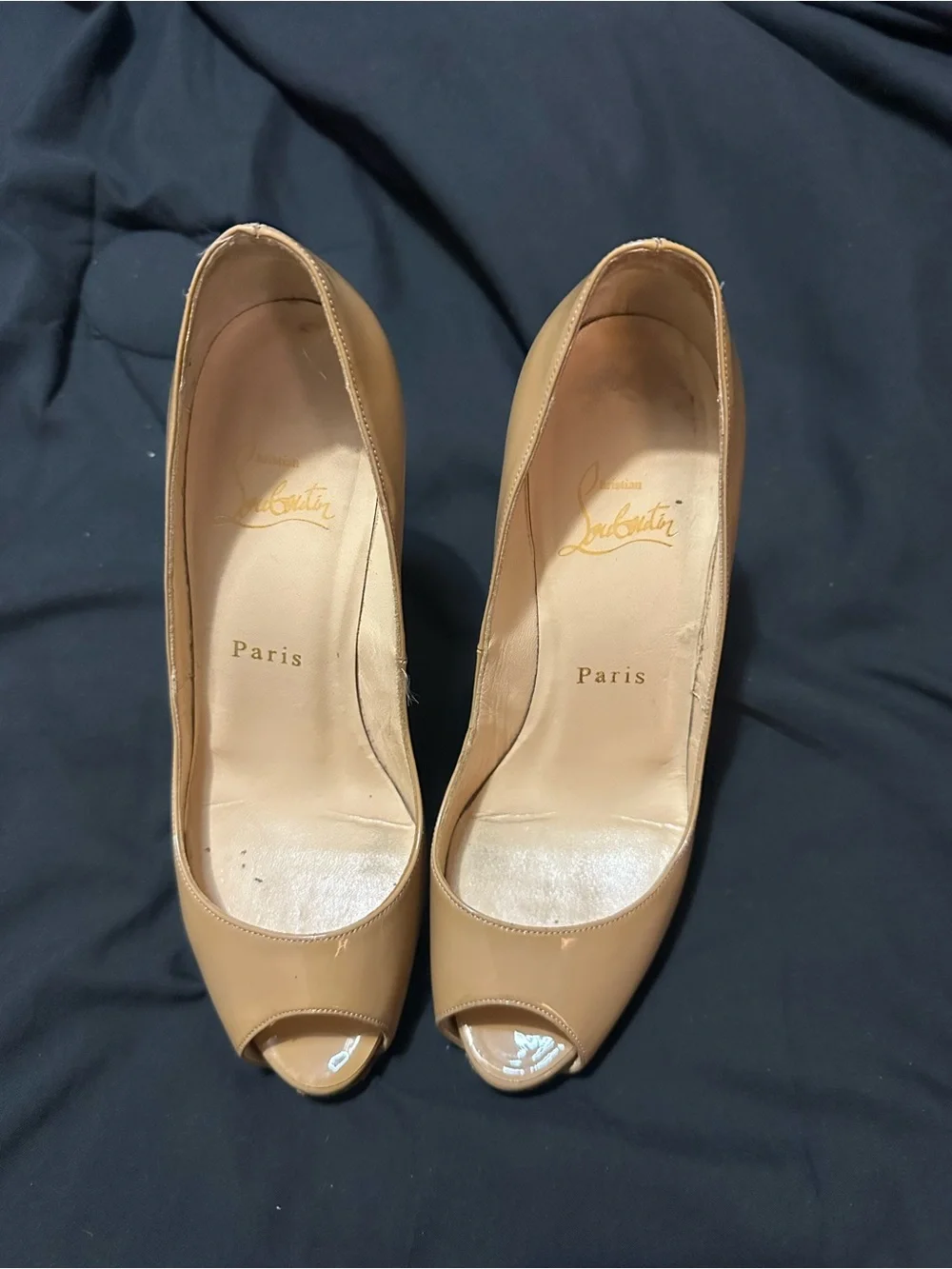 Christian Louboutin Lady Peep Size 36 1/2 Beige Patent Leather Peep Toe Pumps